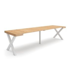 Table console extensible, 300, pour 14 personnes, 302x90x77cm, Pieds bois massif, couleur Chêne