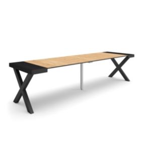 Table console extensible, 300, pour 14 personnes, 302x90x77cm, Pieds bois massif, couleur Noir et chêne