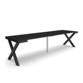 Table console extensible, 300, pour 14 personnes, 302x90x77cm, Pieds bois massif, couleur Noir