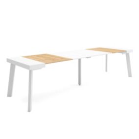 Table console extensible, 300, pour 14 personnes, 302x90x77cm, Pieds en bois, couleur Chêne et blanc