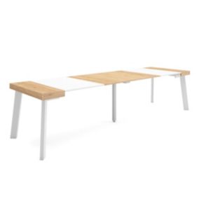 Table console extensible, 300, pour 14 personnes, 302x90x77cm, Pieds en bois, couleur Chêne et blanc