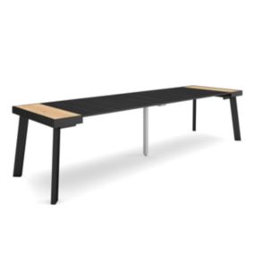 Table console extensible, 300, pour 14 personnes, 302x90x77cm, Pieds en bois, couleur Chêne et noir