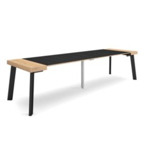 Table console extensible, 300, pour 14 personnes, 302x90x77cm, Pieds en bois, couleur Chêne et noir