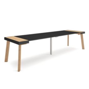 Table console extensible, 300, pour 14 personnes, 302x90x77cm, Pieds en bois, couleur Chêne et noir