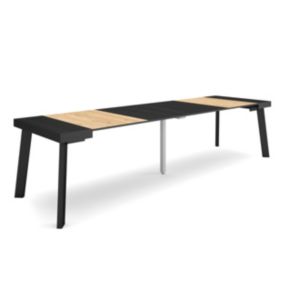 Table console extensible, 300, pour 14 personnes, 302x90x77cm, Pieds en bois, couleur Noir et chêne