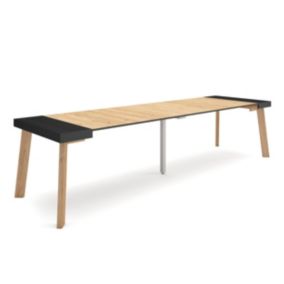 Table console extensible, 300, pour 14 personnes, 302x90x77cm, Pieds en bois, couleur Noir et chêne