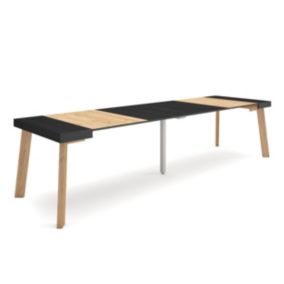 Table console extensible, 300, pour 14 personnes, 302x90x77cm, Pieds en bois, couleur Noir et chêne