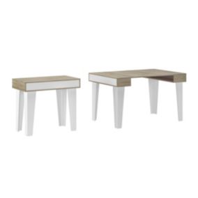 Table Console extensible KL jusqu'à 140cm, couleur Blanc Mat et Chêne Brossé, 6 personnes