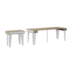 Table Console extensible KL jusqu'à 237cm, couleur Blanc Mat et Chêne Brossé, 10 personnes