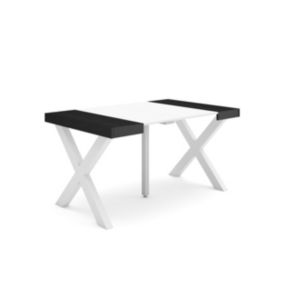 Table console extensible, pour 6 personnes, 140x90x77cm, Pieds bois massif, couleur Blanc et noir