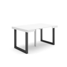 Table console extensible, pour 6 personnes, 140x90x77cm, Pieds bois massif, couleur Blanc