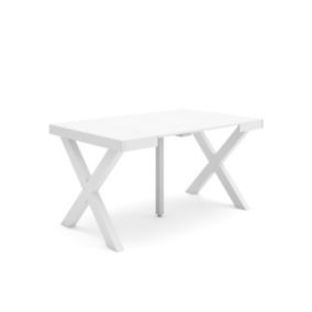 Table console extensible, pour 6 personnes, 140x90x77cm, Pieds bois massif, couleur Blanc