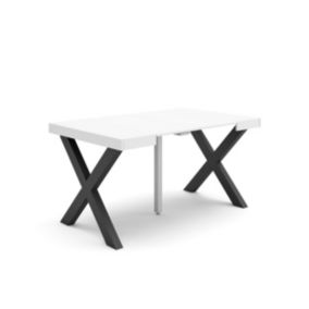 Table console extensible, pour 6 personnes, 140x90x77cm, Pieds bois massif, couleur Blanc