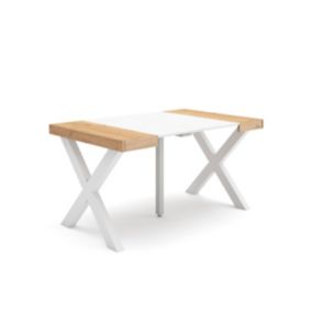 Table console extensible, pour 6 personnes, 140x90x77cm, Pieds bois massif, couleur Chêne et blanc