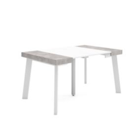 Table console extensible, pour 6 personnes, 140x90x77cm, Pieds en bois, couleur Blanc et ciment