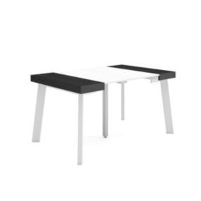 Table console extensible, pour 6 personnes, 140x90x77cm, Pieds en bois, couleur Blanc et noir