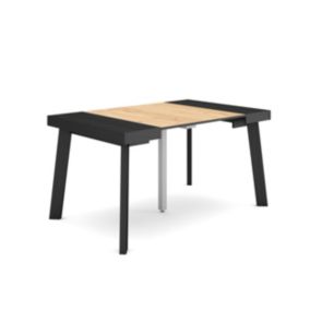 Table console extensible, pour 6 personnes, 140x90x77cm, Pieds en bois, couleur Noir et chêne