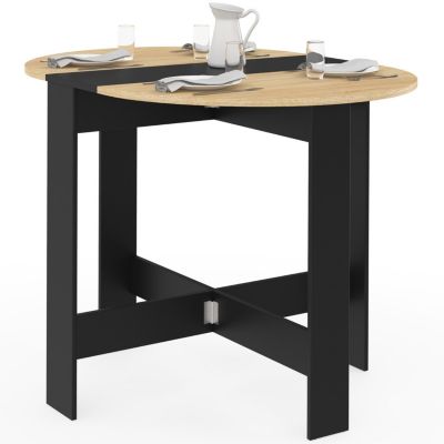 Table console pliable ronde EDI 2-4 personnes bois noir plateau façon hêtre 103 x 76 cm