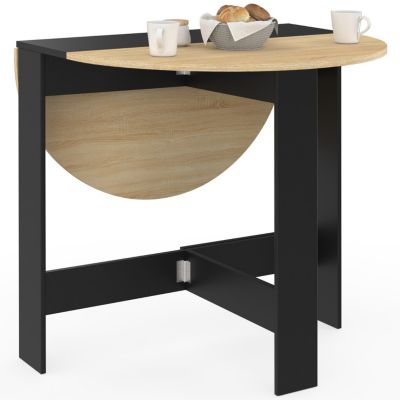 Table console pliable ronde EDI 2-4 personnes bois noir plateau façon hêtre 103 x 76 cm