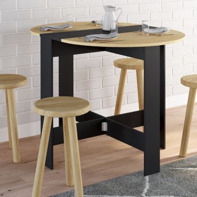 Table console pliable ronde EDI 2-4 personnes bois noir plateau façon hêtre 103 x 76 cm
