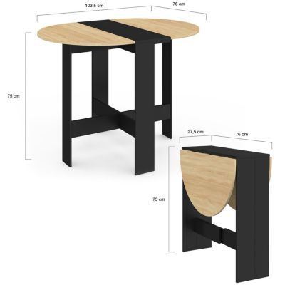 Table console pliable ronde EDI 2-4 personnes bois noir plateau façon hêtre 103 x 76 cm