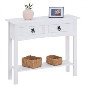 Table console RURAL table d'appoint en pin massif blanc avec 2 tiroirs et 1 étagère, meuble d'entrée style rustique en bois