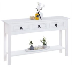 Table console RURAL table d'appoint en pin massif blanc avec 3 tiroirs et 1 étagère, meuble d'entrée en bois style rustique