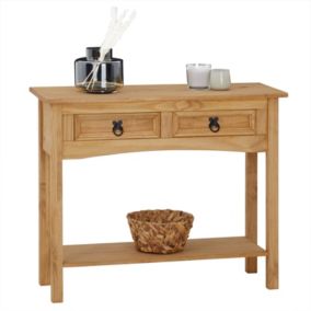 Table console SALSA table d'appoint en bois style mexicain avec 2 tiroirs et 1 étagère, en pin massif finition teintée/cirée