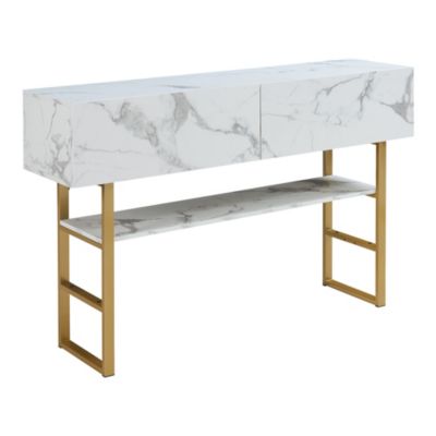 Table console Varberg 75 x 120 x 30 cm or effet marbre blanc en.casa