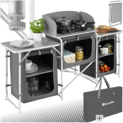 Table cuisine camping modulaire structure aluminium gris plan travail pare-vent 164,5x52x104cm sac