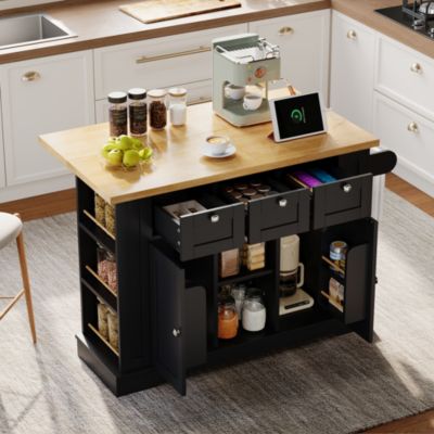 Table cuisine mobile rustique 132cm prise intégrée plateau rabattable, 5 roulettes placard tiroir porte-épices serviettes
