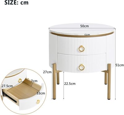 Table d'appoint Blanche Meuble de Salon Table Salon avec décor en placage de marbre Table Basse Ronde à Deux tiroirs, Blanc