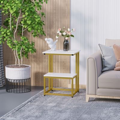 Table d'appoint bout de canapé style art déco acier doré plateau étagère aspect marbre blanc