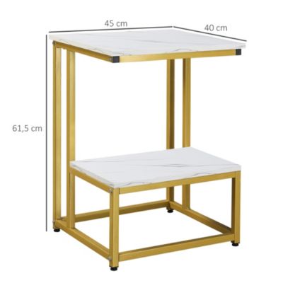 Table d'appoint bout de canapé style art déco acier doré plateau étagère aspect marbre blanc