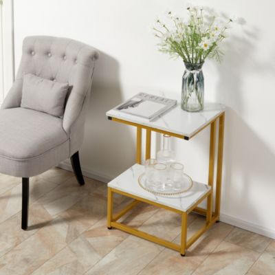 Table d'appoint bout de canapé style art déco acier doré plateau étagère aspect marbre blanc