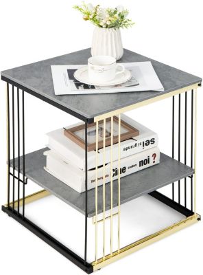 Table d Appoint Carree a 2 Niveaux avec Plateau en Marbre Artificiel & Cadre en Metal Charge Totale 55 KG 39X39X45 CM