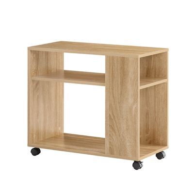 Table d'appoint mobile avec roulettes, 2 niveaux et étagères, en finition naturelle