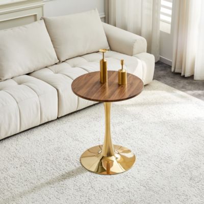 Table d'appoint ronde 60 cm en MDF noyer et métal doré