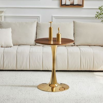 Table d'appoint ronde 60 cm en MDF noyer et métal doré