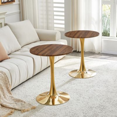 Table d'appoint ronde 60 cm en MDF noyer et métal doré