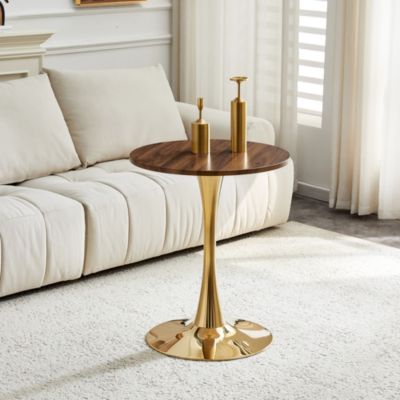 Table d'appoint ronde 60 cm en MDF noyer et métal doré