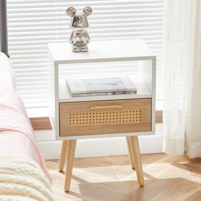 Table d'appoint rotin blanc avec tiroir et pieds bois massif H55/L40/P30cm, chevet moderne pour salon et chambre