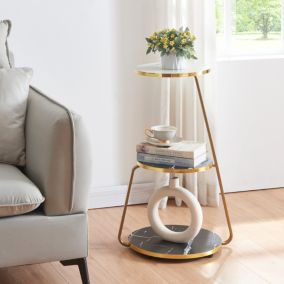 Table d'appoint Sipoo à 3 niveaux 74 x 46 x 37 cm marbre noir marbre blanc doré en.casa
