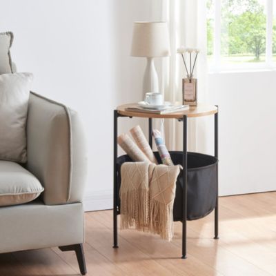 Table blanche Petite table d'appoint moderne avec étagère de panier de rangement, chariot roulant avec roues, petite table de chevet à 2 niveaux for salon, chambre à coucher, table d'appoint ronde ave