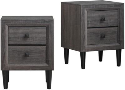 Table d'Appoint, Table de Chevet avec 2 Tiroirs, en Bois, Table Basse avec Pieds en Caoutchouc, Entièrement Montée (2 x Gris)