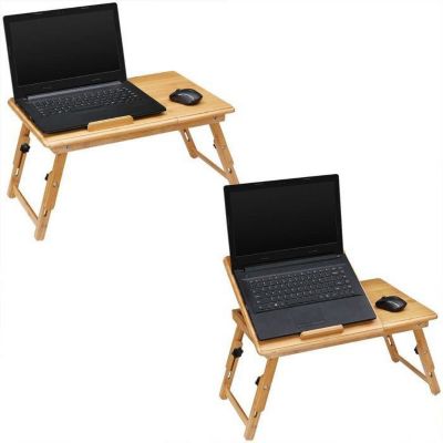 Table d Ordinateur Pliable Bambou - Pieds Réglables en Hauteur - Meuble Inclinable