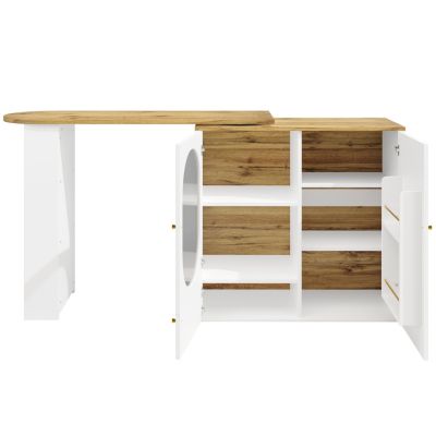 Table de bar effet bois et blanc, plateau pivotant  portes en verre canelé