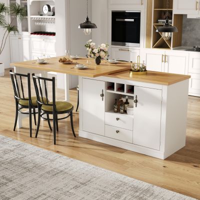 Table de bar extensible 120-180 cm en MDF blanc et naturel avec rangements
