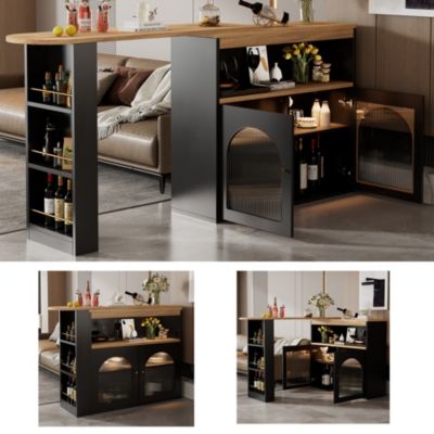 Table de bar extensible 138-193x39x105 cm avec rangements et bande LED - Noir