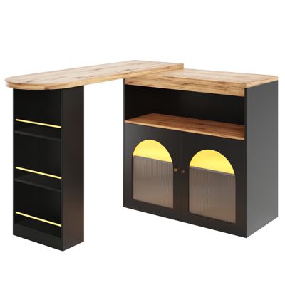 Table de bar extensible 138-193x39x105 cm avec rangements et bande LED - Noir
